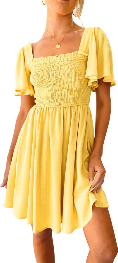 OWIN Women's Sexy Square Neck Short Ruffle Sleeve Tie Back Ruffle