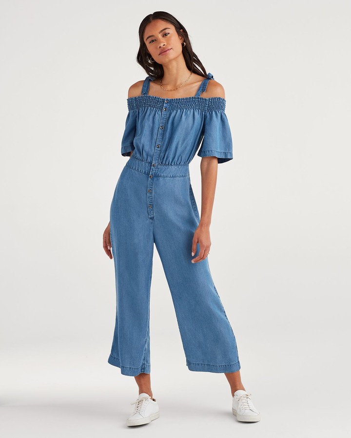 smocked off the shoulder jumpsuit