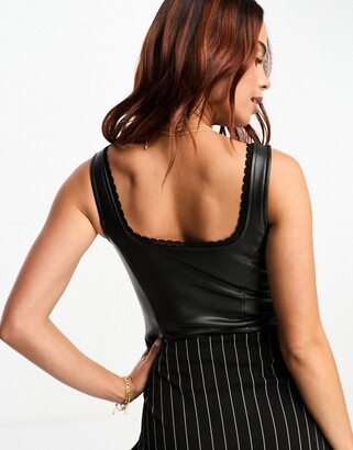 Miss Selfridge faux leather corset bodysuit in black