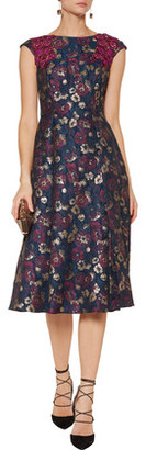 Badgley Mischka Lace And Tulle-Trimmed Metallic Floral-Print Cloqué Midi Dress