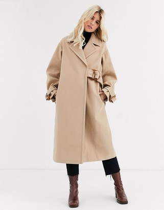 ASOS DESIGN contrast stitch coat with buckle detail in camel