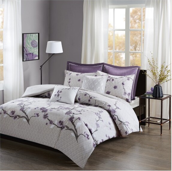 Sakura Cotton Duvet Cover Set (King/California King) 7pc: Madison Park, Embroidered, Sateen, OEKO-TEX Certified