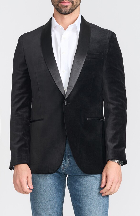 SAVILE ROW CO Black Satin Shawl Collar Slim Fit Velvet Jacket