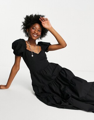 Stradivarius milkmaid poplin dress with puff sleeves in black