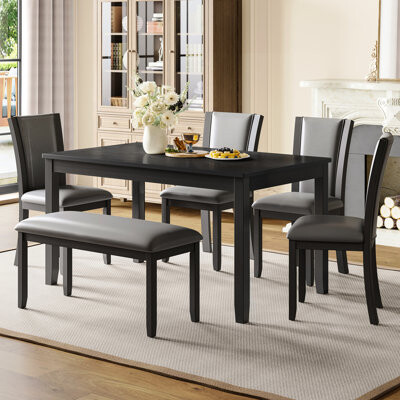 6 Grey Dining Table With Bench And Chairs. Modern Wooden For Kitchen. Stable, , Comfortable Seating. Easy Assembly Required Design Room. Comfortable.