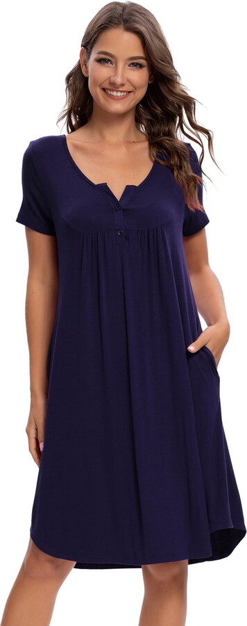 Unique Bargains Women’s Sleepwear Soft Button with Pockets Short Sleeve Lounge Nightgown S Blue