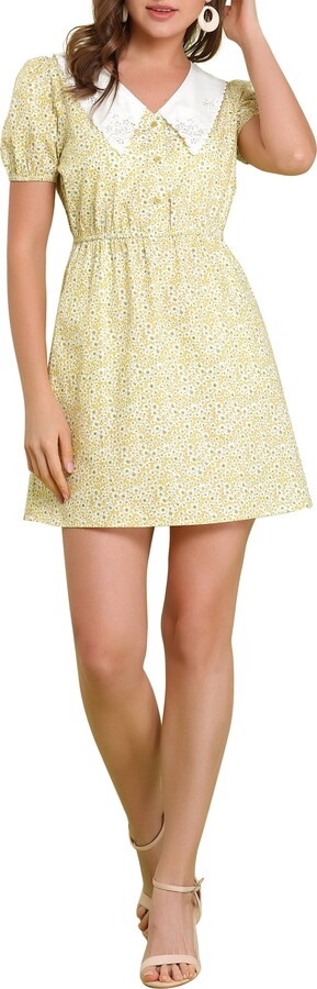Unique Bargains Junior’s Floral V Neck Embroidered Elastic Waist Dress Yellow S
