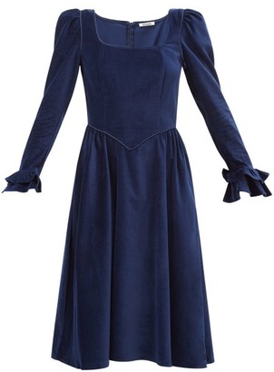 Batsheva Puff-sleeved Square-neckline Velvet Dress - Navy