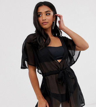 ASOS DESIGN Petite recycled tie waist cape back chiffon beach cover up in black