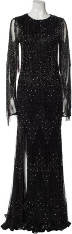 Rachel Gilbert Evening Gown Black Beaded, Crystal & Tassel Accents Long Sleeve with Crew Neck Concealed Zip Closure at Back