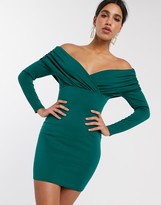 Thumbnail for your product : ASOS DESIGN scuba bardot ruched side long sleeve mini dress