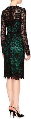 Dolce & Gabbana Long-Sleeve Lace Dress W/Contrast Slip, Black/Green