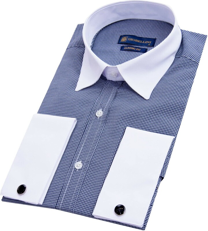 Men's Smart Casual Club Collar Navy Check Dress Shirt
