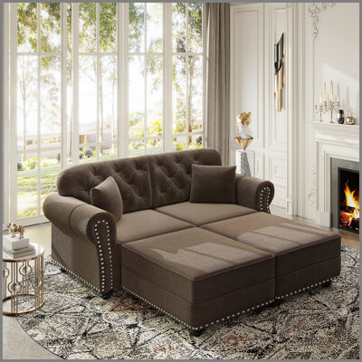Mercer41 Mid-Century Modern Chesterfield Sofa with Velvet Upholstery Nailhead Trim and Rolled Armrests Includes 2 Pillows