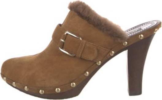 Celine Suede Mules Brown Shearling Trim Round-Toes with Studded Accents Platform Straps & Buckle Closure At Uppers