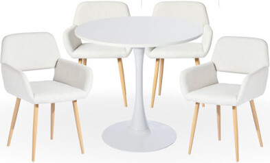 39F inc Modern 5-Piece Mid-Century Kitchen Dining Table Set – White Round Table with Beige Upholstered Chairs & Wood-Look Metal Legs for Dining Room, Café, Of