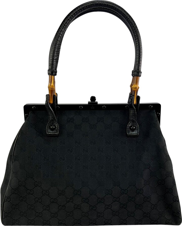 Gucci S/s 2003 By Tom Ford Bamboo Frame Black Gg Canvas Large Shoulder Tote