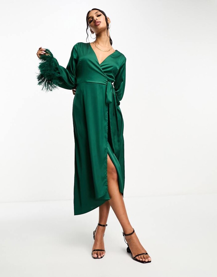 TFNC satin midi wrap dress with faux feather cuffs in emerald