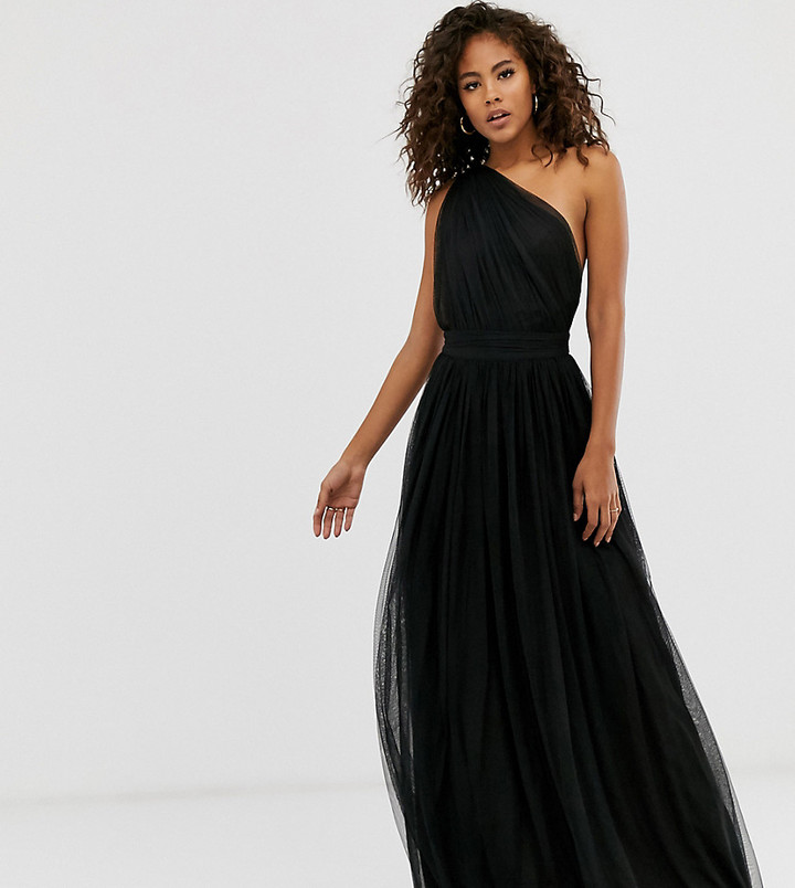 one shoulder tulle maxi dress