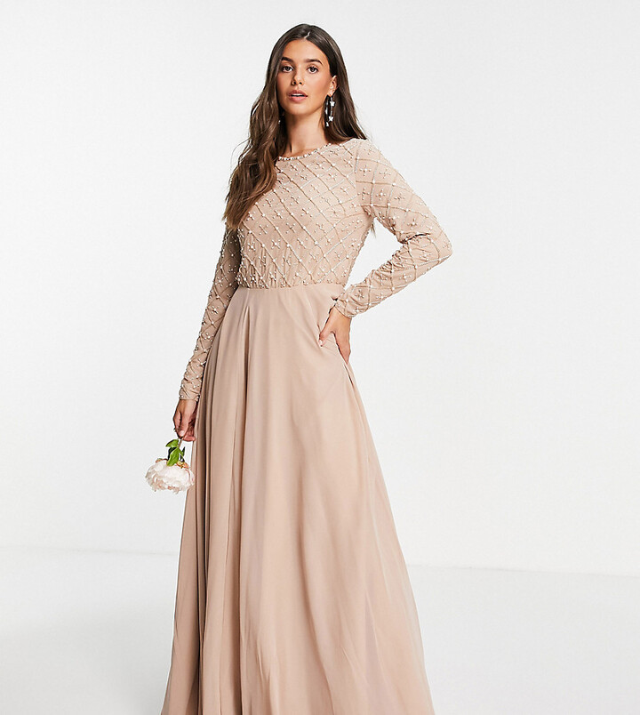 ASOS Tall ASOS DESIGN Tall Bridesmaid maxi dress with long sleeve in pearl  and beaded embellishment with tulle skirt - ShopStyle