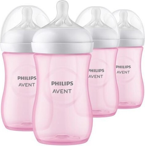 Avent Naturally Philips Natural Baby Bottles with Natural Response Nipples (Medium Flow, Flow 3), 9oz, Pink, 4-pack, SCY903/14