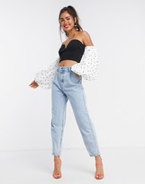 Thumbnail for your product : True Violet exclusive off shoulder sweetheart top in black with contrast polka heart balloon sleeve