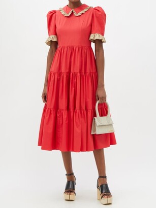 Batsheva Spring Lucy Ruffled-collar Cotton-poplin Dress - Red