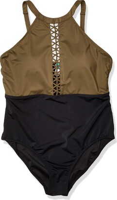 Amazon Brand - Coastal Blue Women's Plus Size Swimwear Color Block Swimsuit with Lattice Detail