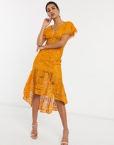 Thumbnail for your product : ASOS DESIGN flutter sleeve midi dress in corded lace with circle trim detail