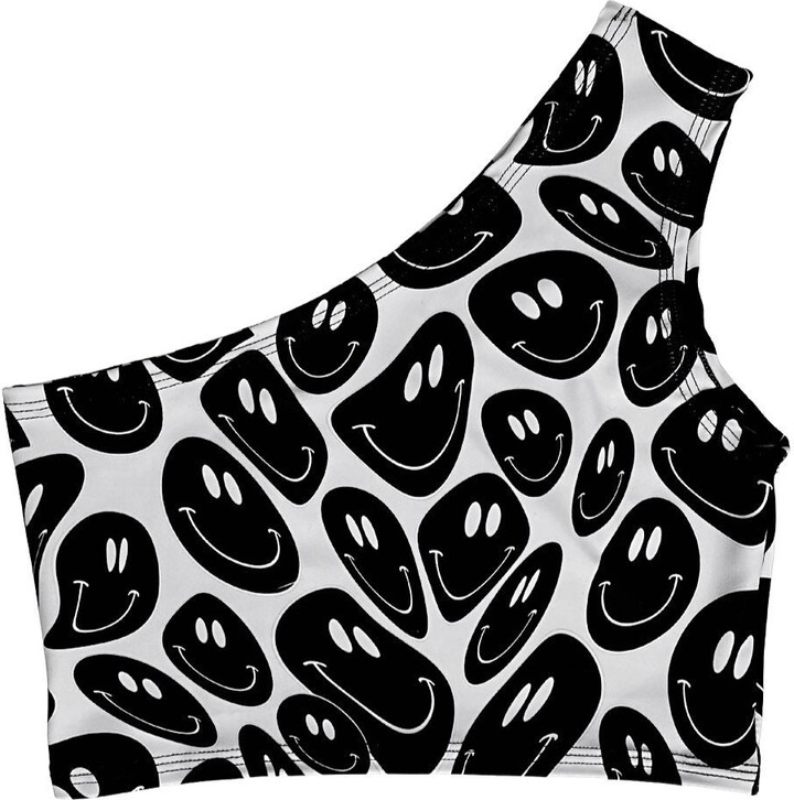 Black & White Smiley Face One-Shoulder Crop Top Rave Festival Wear