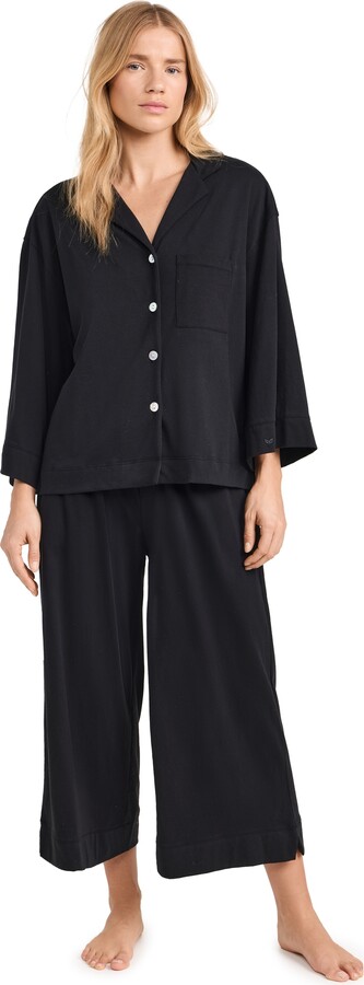 Petite Plume Women's Luxe Pima Black Wide Leg Pajama Set