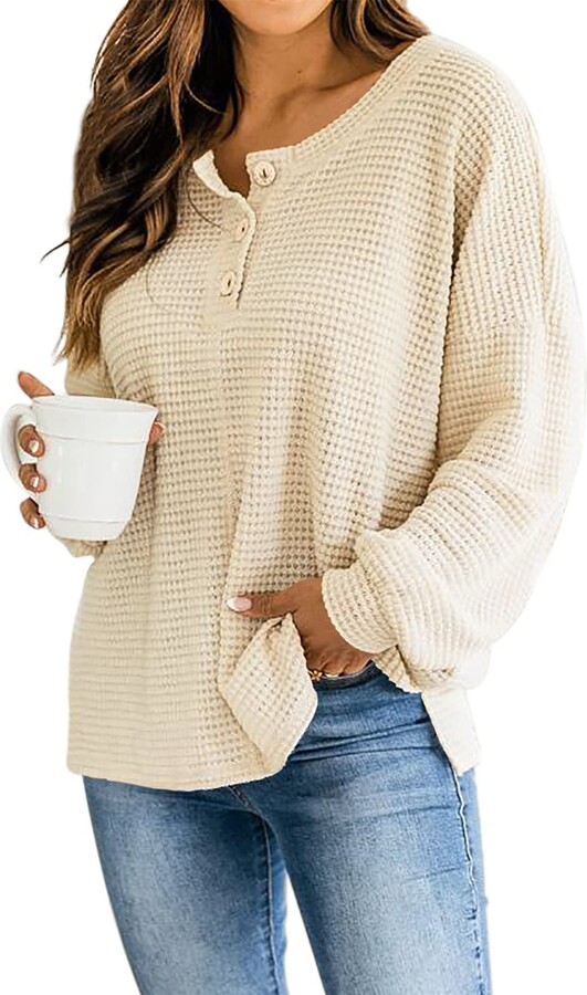 YIIYIDATON Women's Casual Long Sleeve Tops Waffle Knitted Button Henley Shirts