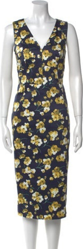 Studio Max Mara Sheath Dress Blue Floral Print Sleeveless with V-Neck Concealed Zip Closure at Back