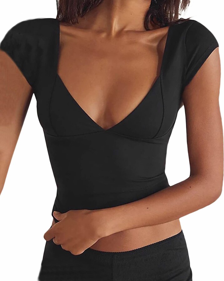Bocymolay Women Scoop Neck Slim Shirt Tops Casual Short Sleeve
