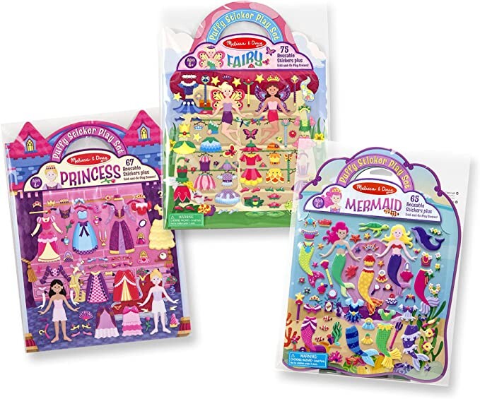 Melissa & Doug Puffy Sticker Activity Books Set: Princess, Mermaid, Fairy - 180+ Reusable Stickers