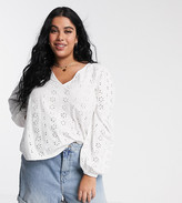 Thumbnail for your product : ASOS Curve DESIGN Curve swing top with v neck in contrast broidery with puff sleeve