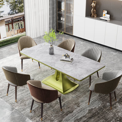 Ivy Bronx Bonis Gray Sintered Stone Dining Table, Brushed Titanium Base