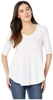 Mod-o-doc V-Neck Elbow Sleeve Tee with Pintucks in Supreme Jersey (White) Women's T Shirt