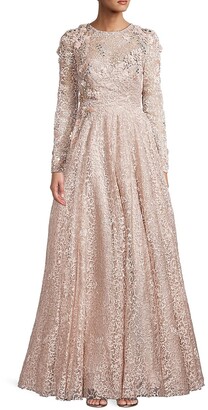 Mac Duggal Floral Appliqué Lace Long-Sleeve A-Line Gown