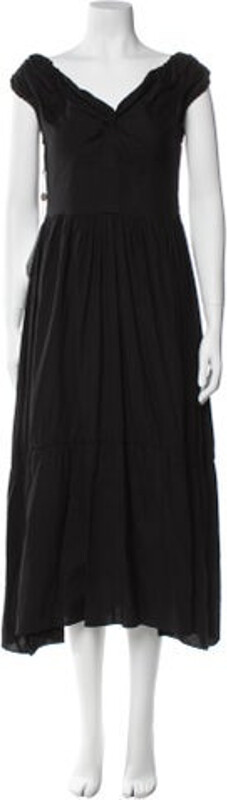 Vince Evening Gown Black Pleated & Ruffle Accents Short Sleeve with V-Neck Concealed Zip Closure at Side