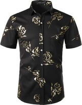 Thumbnail for your product : PARKLEES Men's Luxury Paisley Shiny Printed Slim Fit Short Sleeve Button Up Dress Shirt White Gold XXL