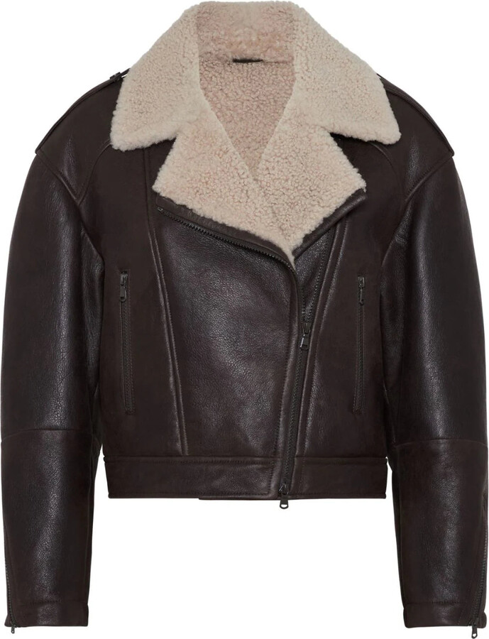 Leather Biker Jacket With Shearling Collar