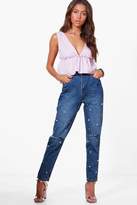 Thumbnail for your product : boohoo Slim Fit Pearl Detail Mom Jeans