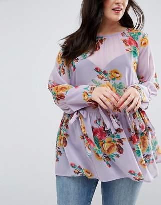 ASOS Curve CURVE Tunic in Floral Print with Tie Sleeves