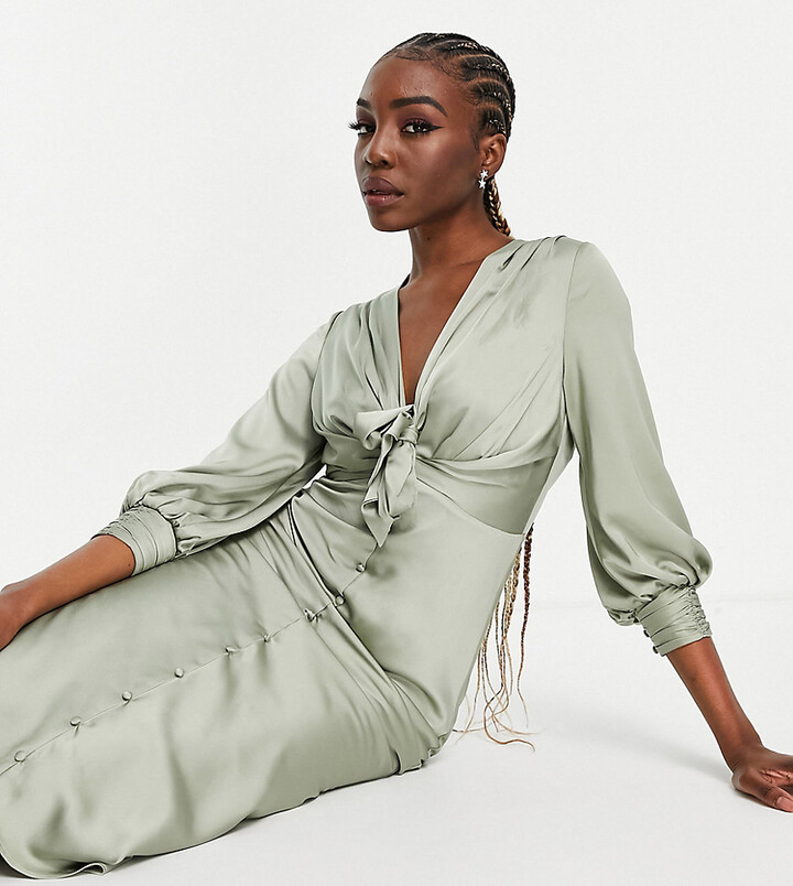 ASOS Tall ASOS DESIGN Tall satin tie front midi dress with button detail in  olive - ShopStyle