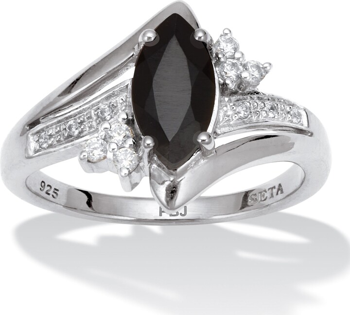 PalmBeach Jewelry .12 TCW Marquise Cut Onyx and Round CZ Platinum-Plated Sterling Silver Ring