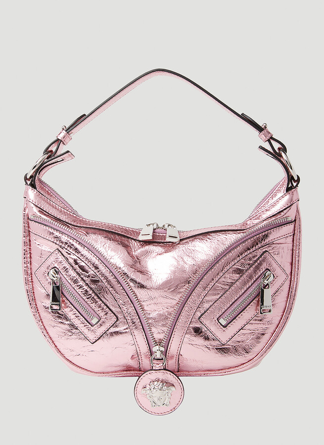 Crystal Repeat Mini Embellished Leather Shoulder Bag in Pink - Versace