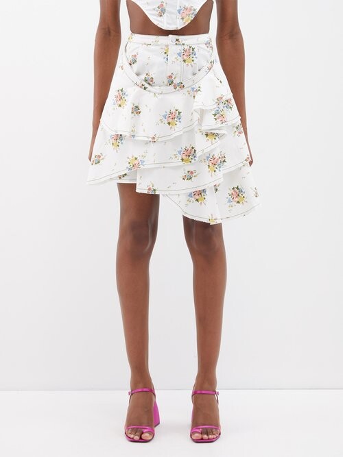 yuhan wang Floral-print Tiered Denim Skirt - ShopStyle 