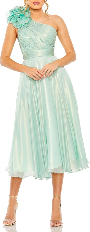 Mac Duggal Rosette One Shoulder Tea Length Dress