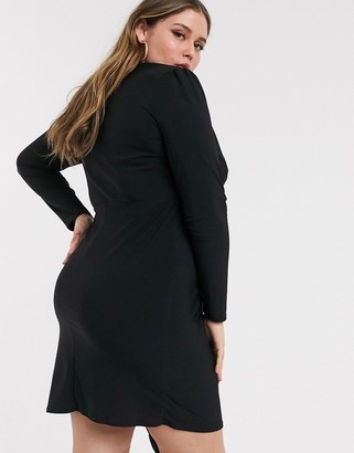 New Look Plus New Look Curve long sleeve ruffle front dress in black